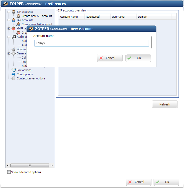 Account name entry section of the Zoiper Communicator.