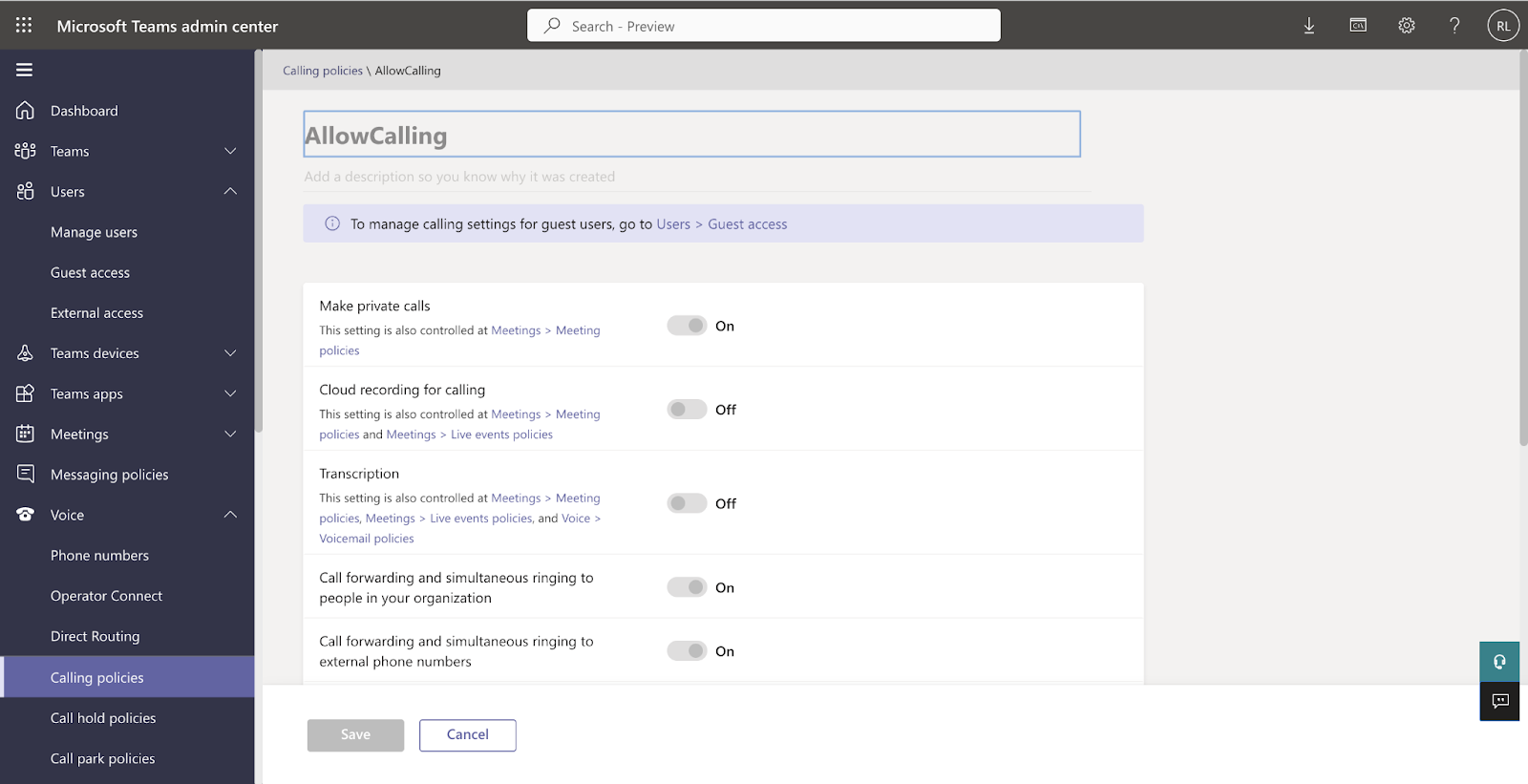 Voice > Calling Policies section.