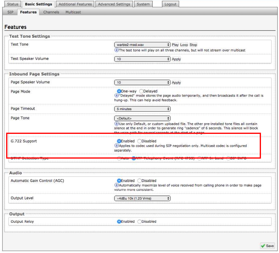 Test tone settings page. 