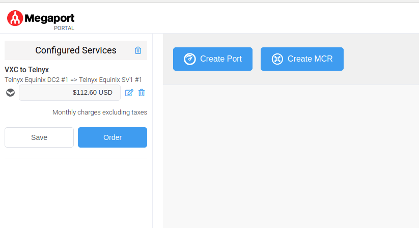 Megaport configured services portal.