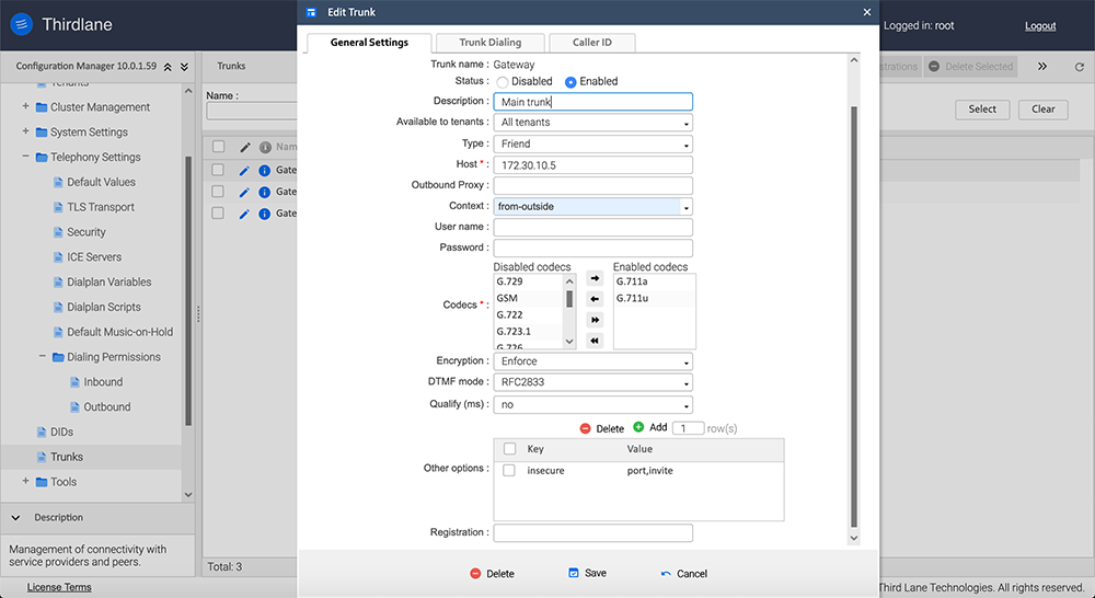 Expanding telephony settings through Thirdlane PBX portal. 