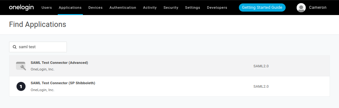 Application selector on OneLogin.
