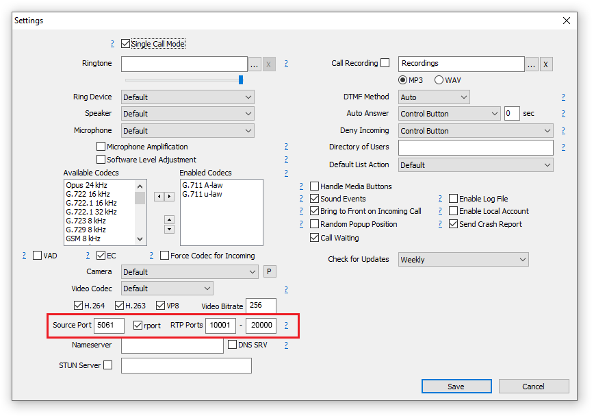 MicroSIP Settings section.