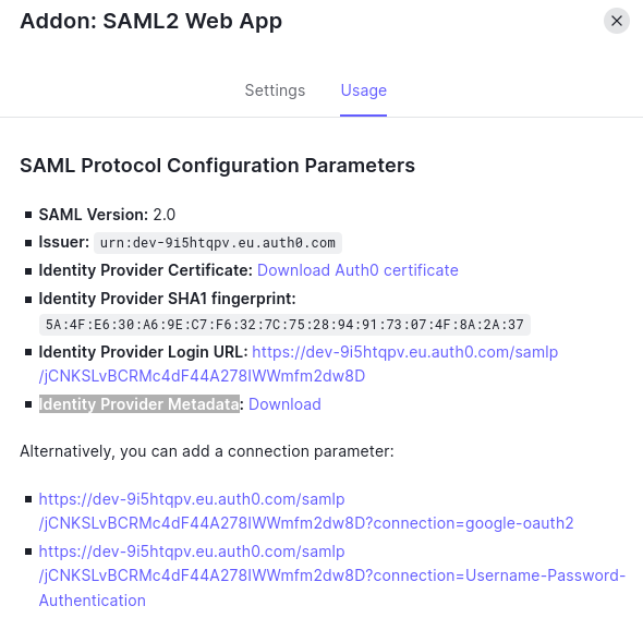 Addon: SAML 2 configuration parameters interface.