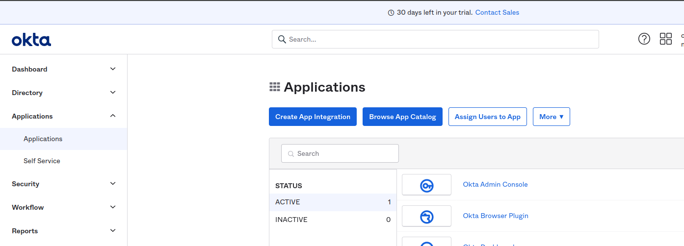 The Applications section of the Okta admin panel.