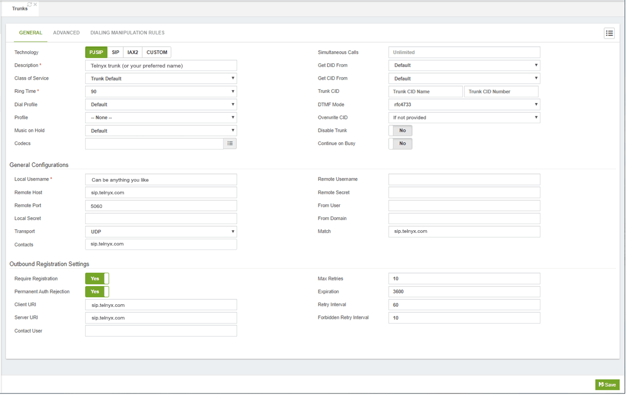 General Settings for PJSIP.