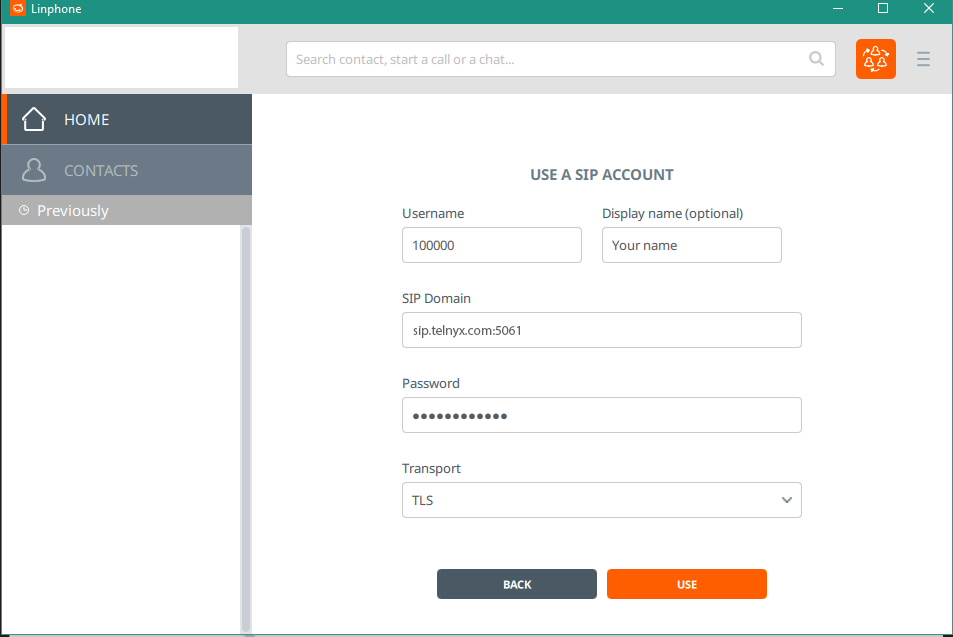 Linphone encryption configuration interface.