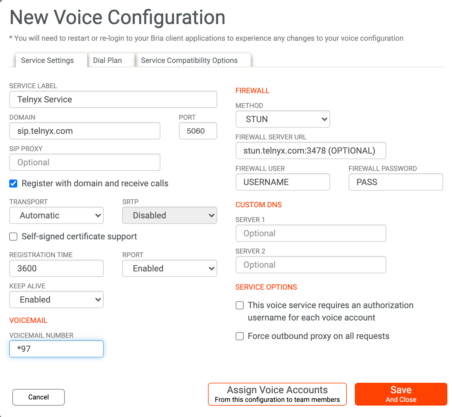 New Voice Configuration settings.