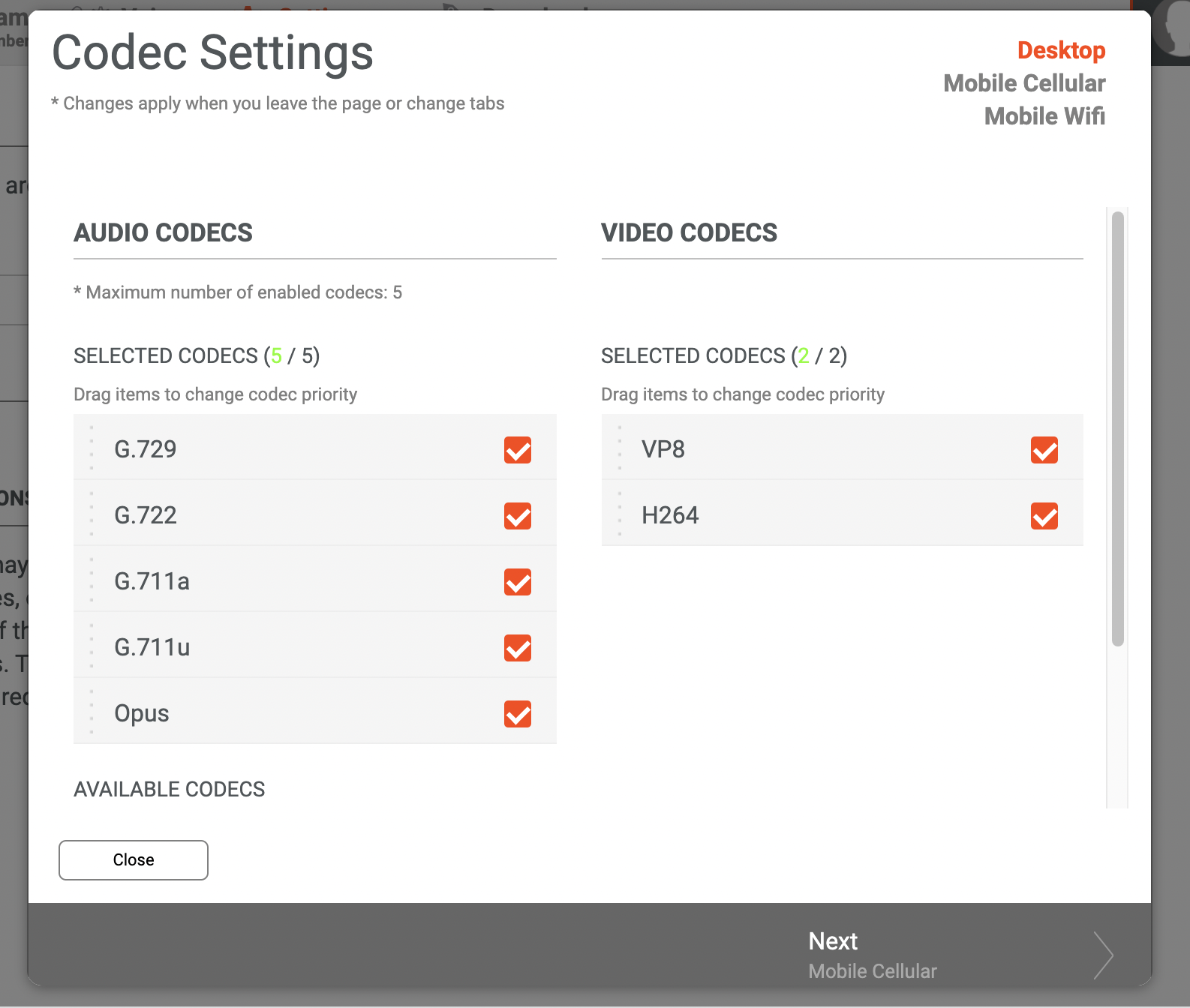 Audio and Video codec settings.