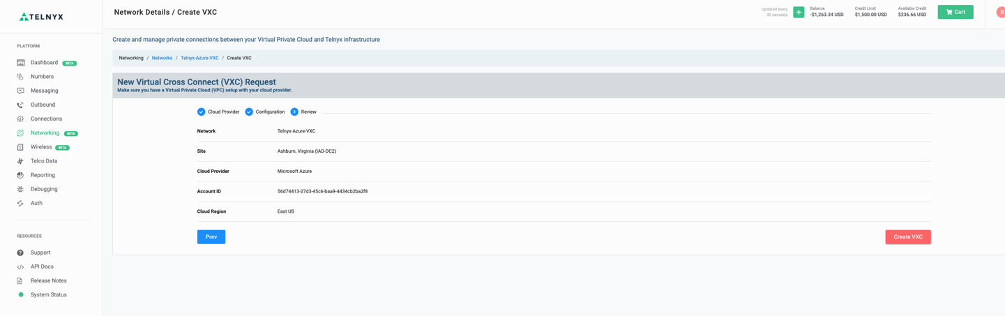 VXC creation portal and submission button.