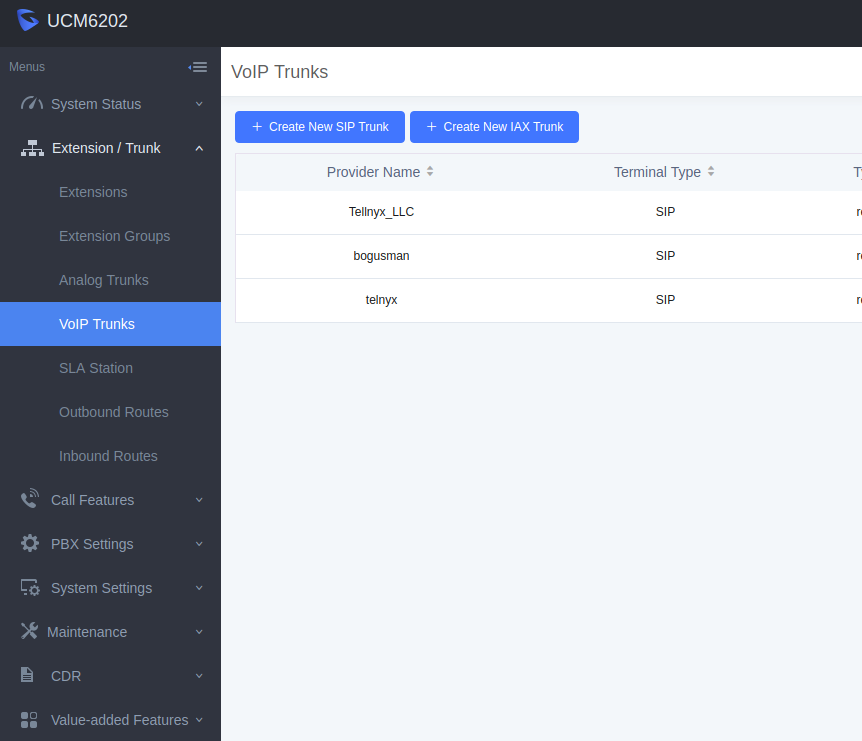 Grandstream web UI for configuring sip trunk.