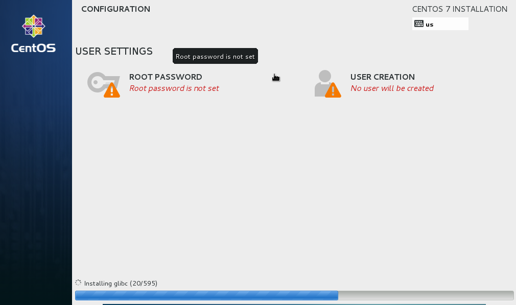 centos installation configuration page.