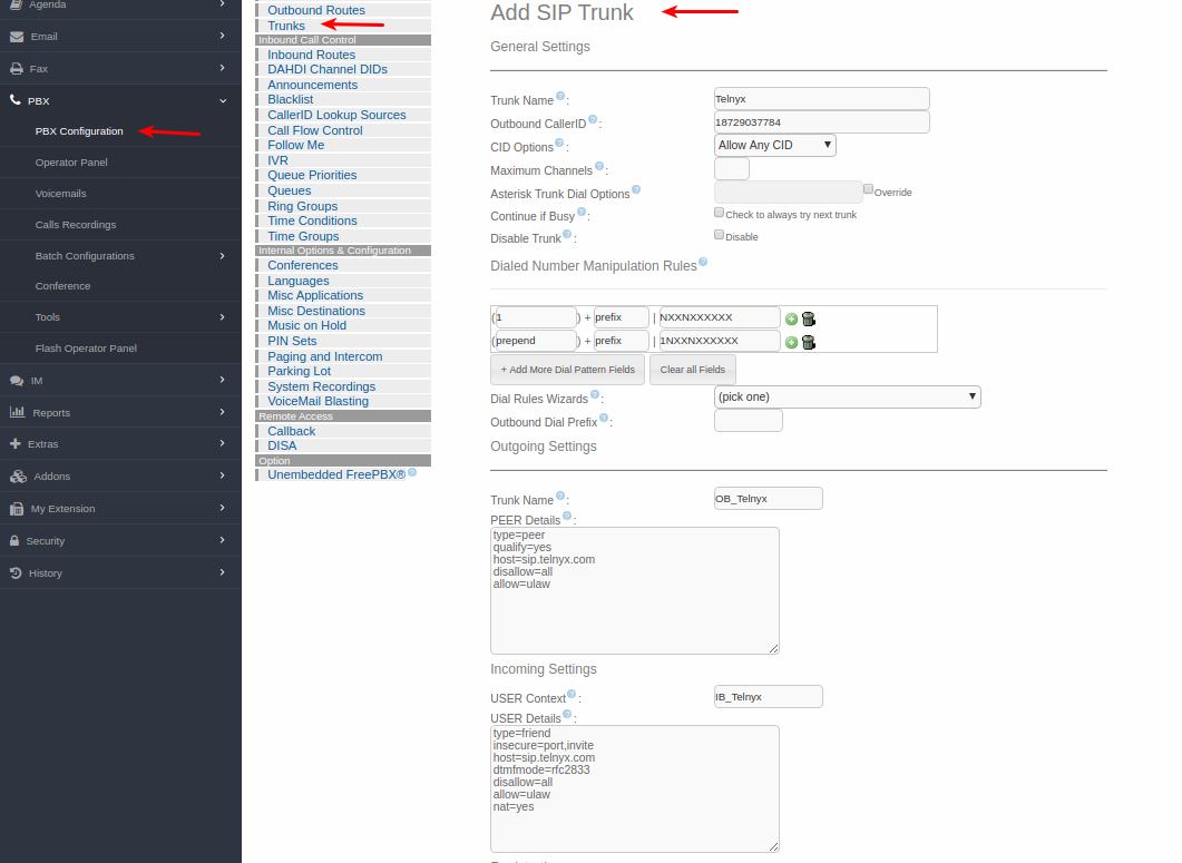 A page for inbound sip settings for the trunk.