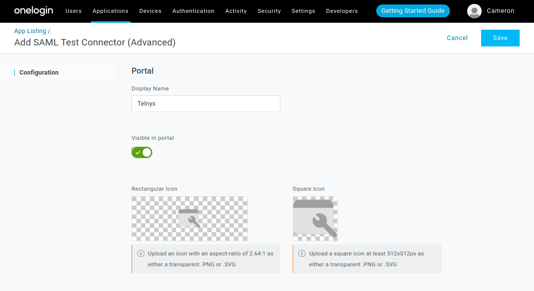 SAML Test Connector administration portal.