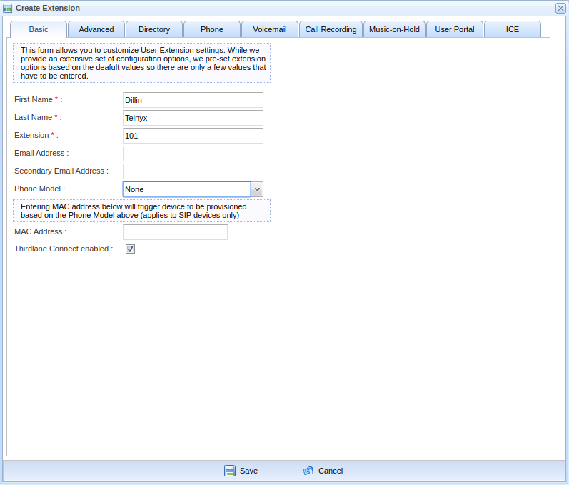 Page for creating extensions for your assigned numbers 2.