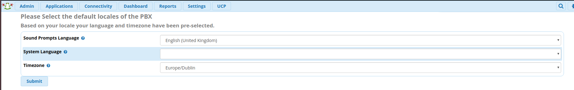 Page to select default locales.