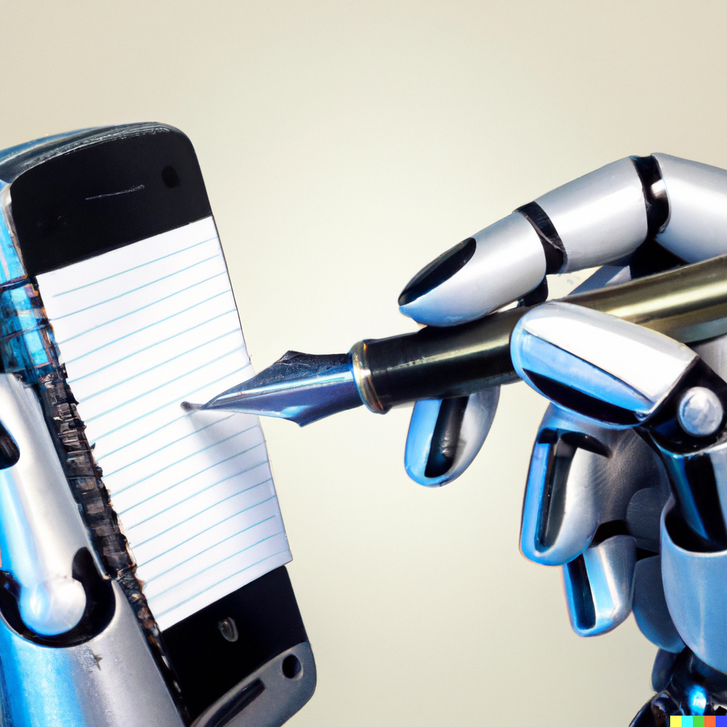 A robot hand writing a transcription of a phone call.