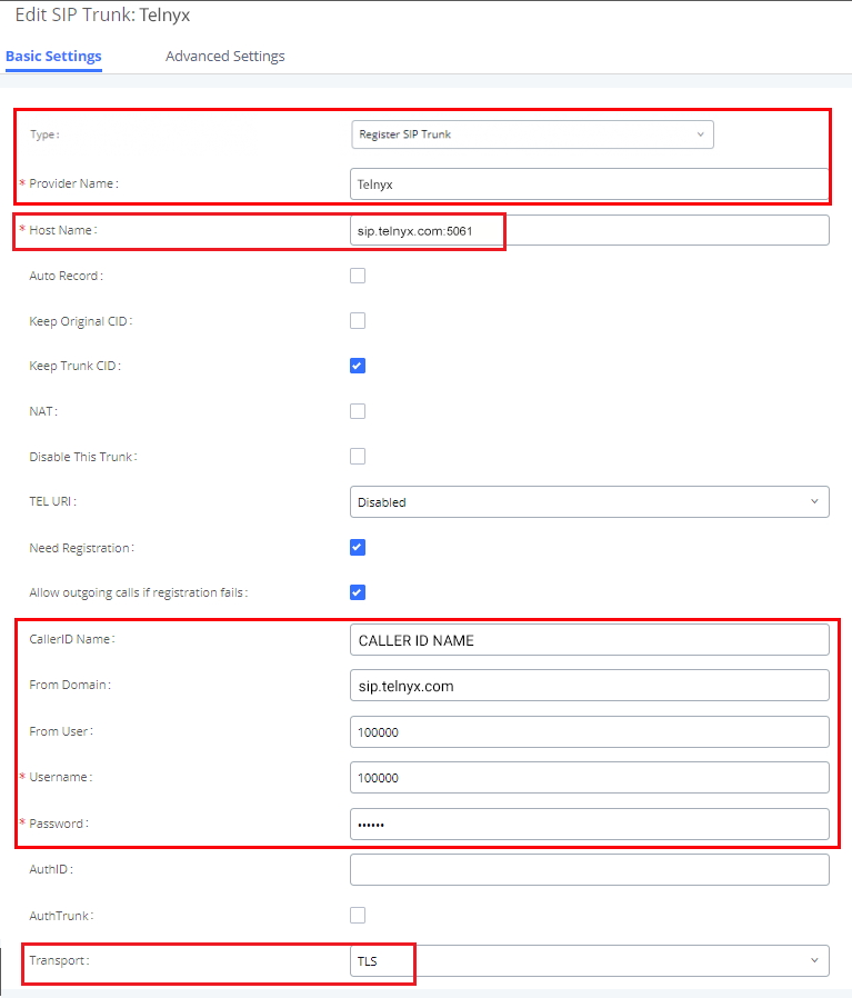 Telnyx SIP Trunk settings page.