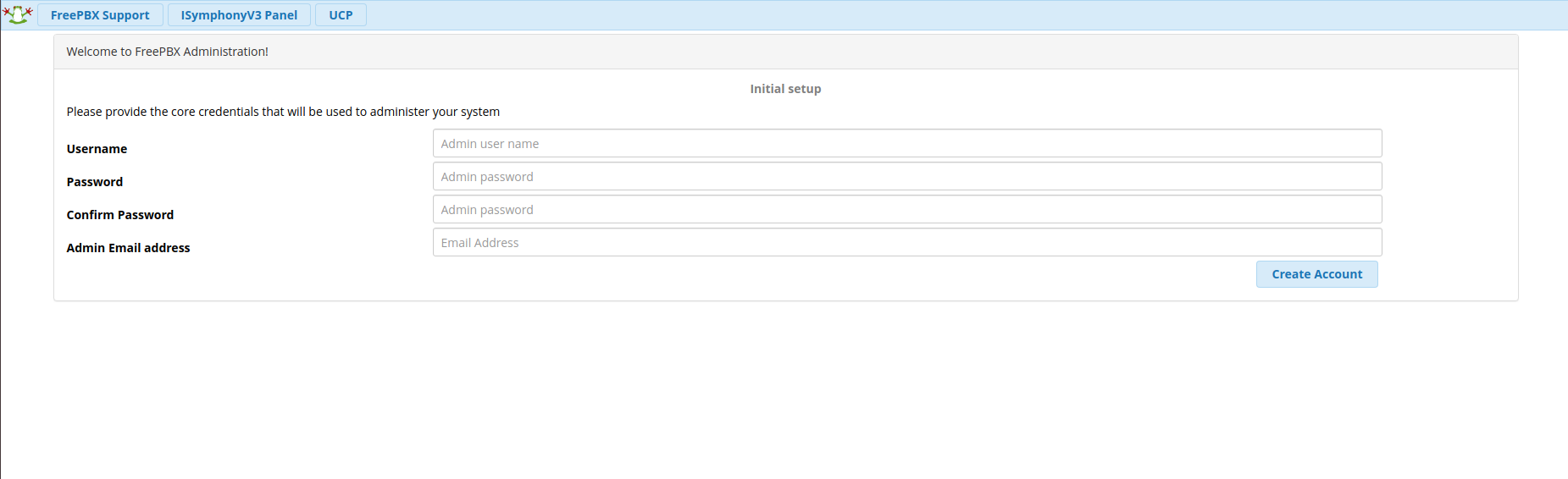 FreePBX Admin credentials input interface.