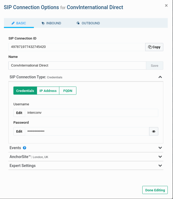 SIP connections options section.