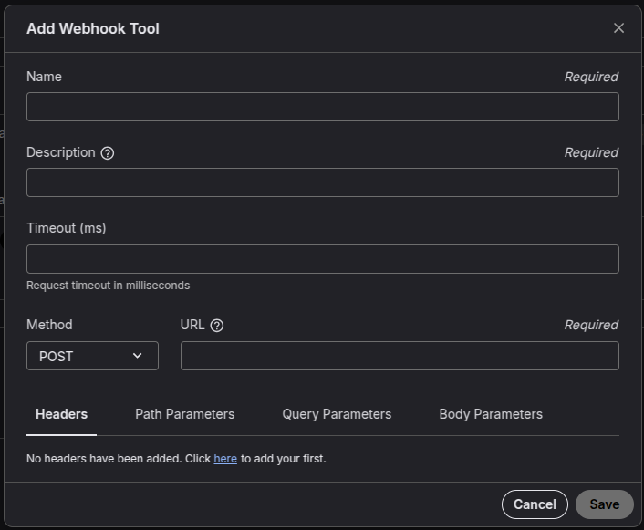 This is a screenshot of the "add webhook tool" on the telnyx mission control portal