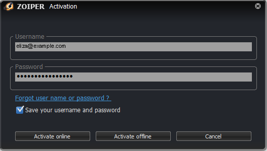 Zoiper activation page.