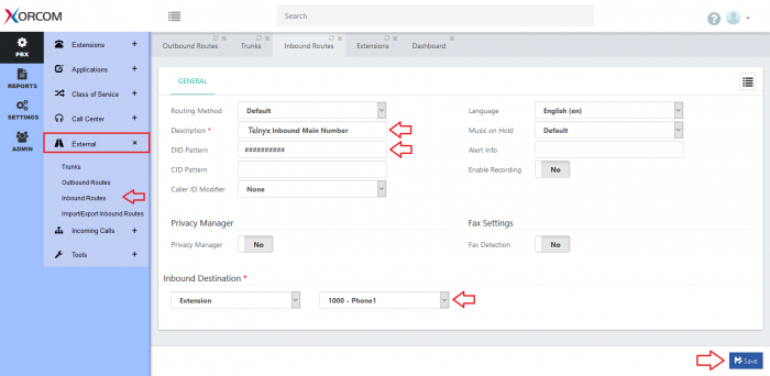 A screenshot of a configured Xorcom CompletePBX to work with Telnyx.