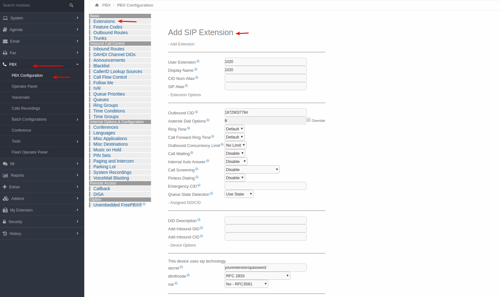 An interface to add SIP Extension.