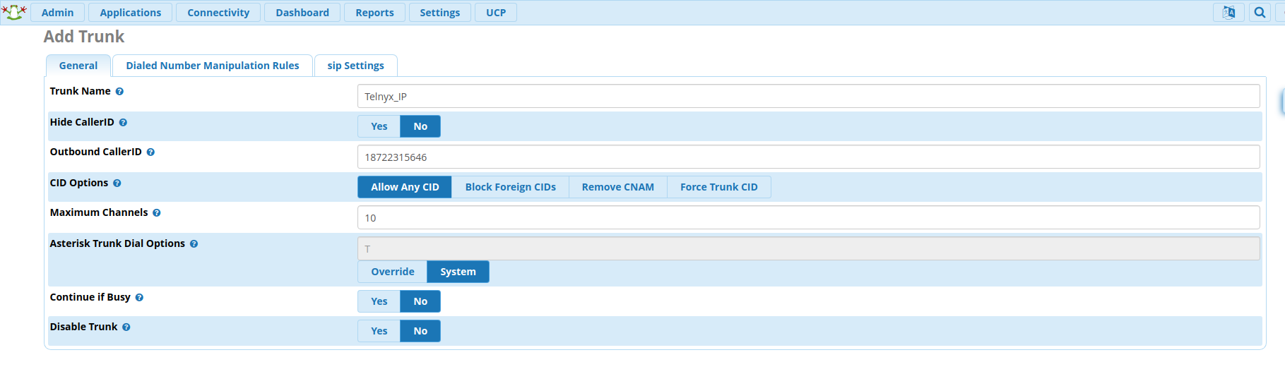 General tab interface for FreePBX configuration.
