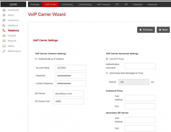VoIP Carrier Wizard carrier settings.