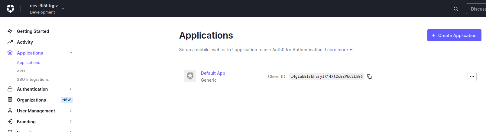 Auth0 Admin dashboard.