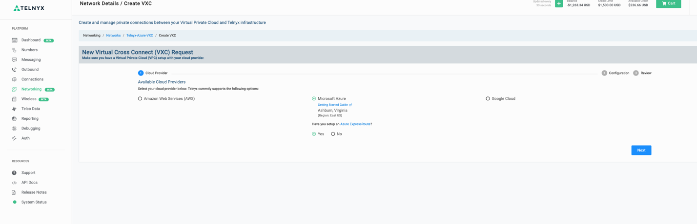Azure Express Route creation portal.