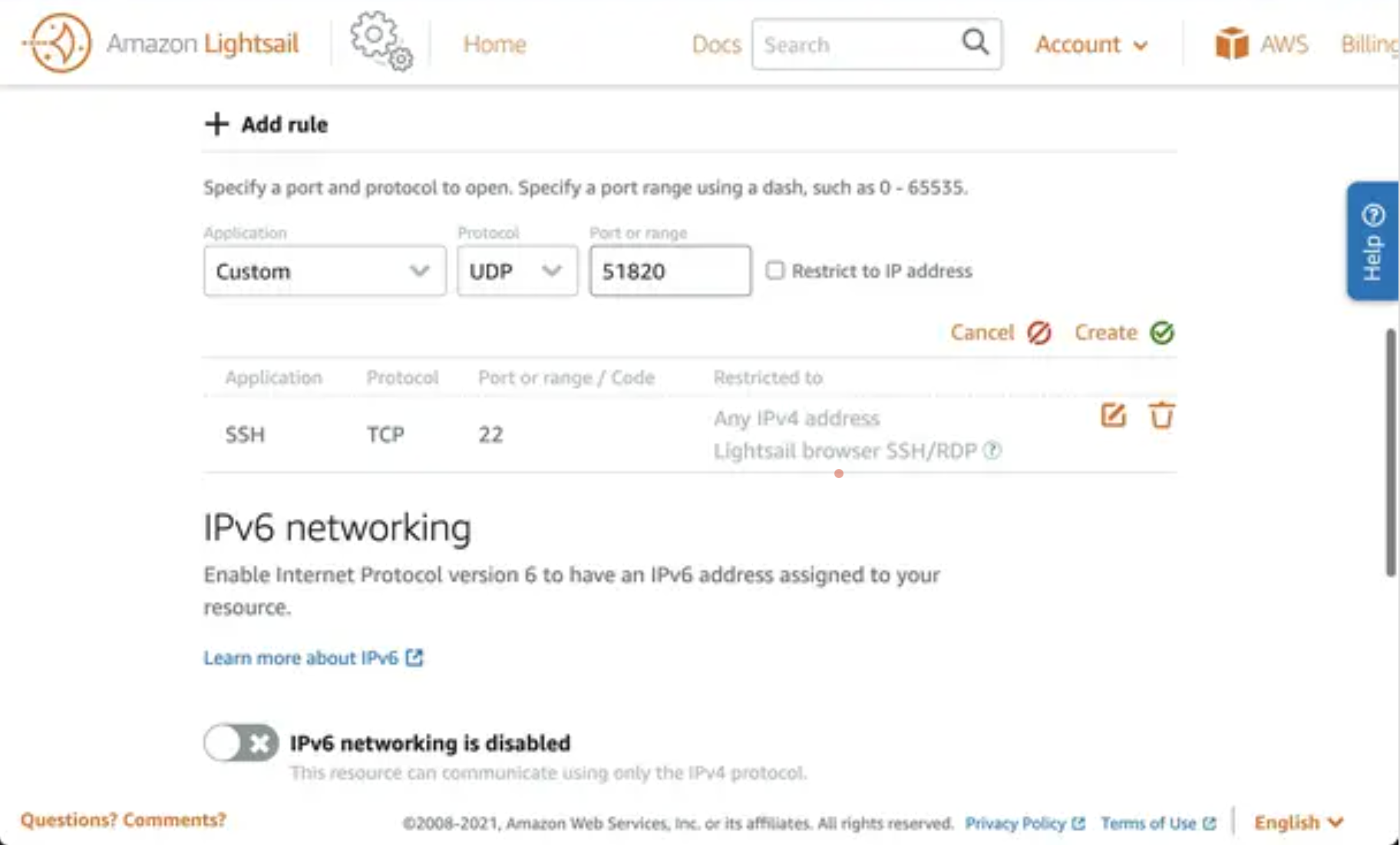 Amazon Lightsail for Account section. 