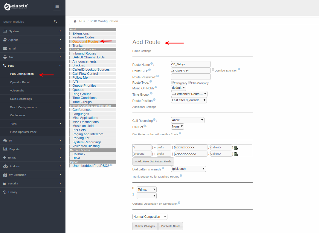 PBX configurations' page for outbound routes.