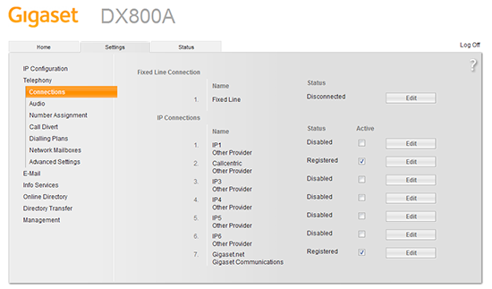 Settings tab for Telephony.
