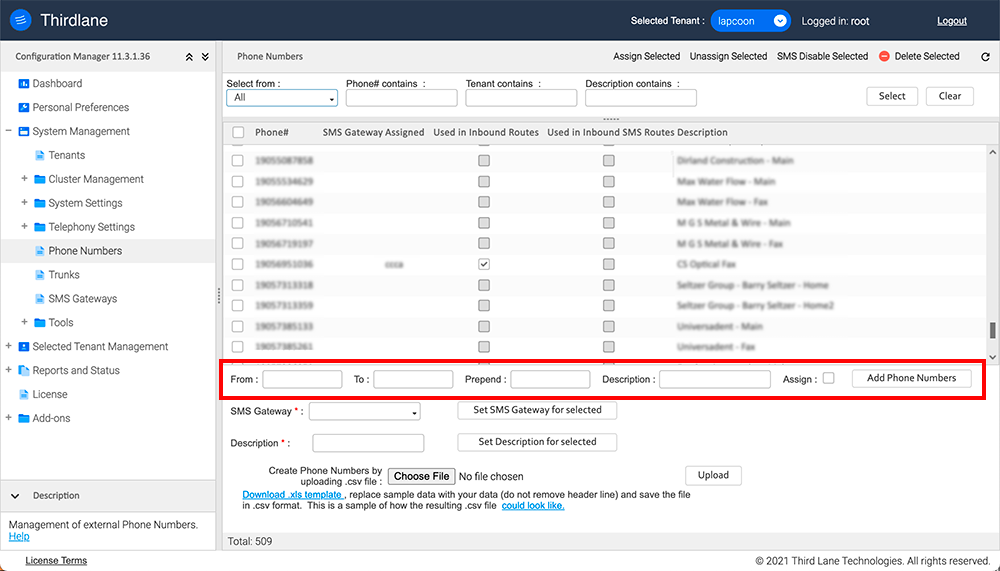 An interface to set up phone numbers using provisioned DIDs