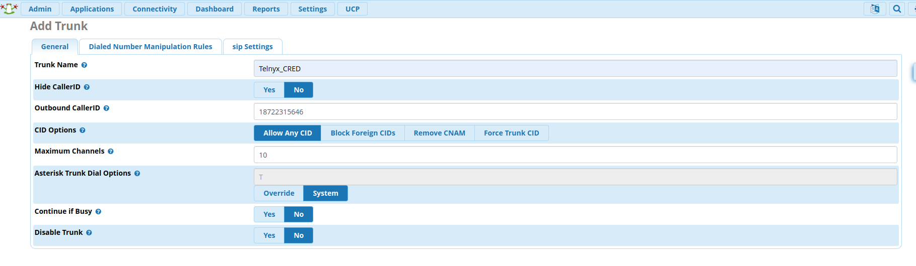 General SIP settings interface 3.