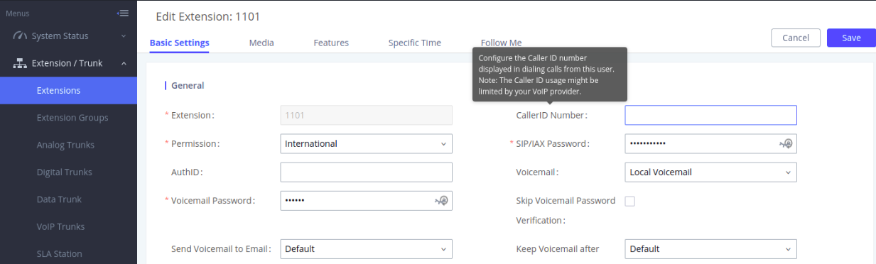 Outbound caller ID number settings tab.