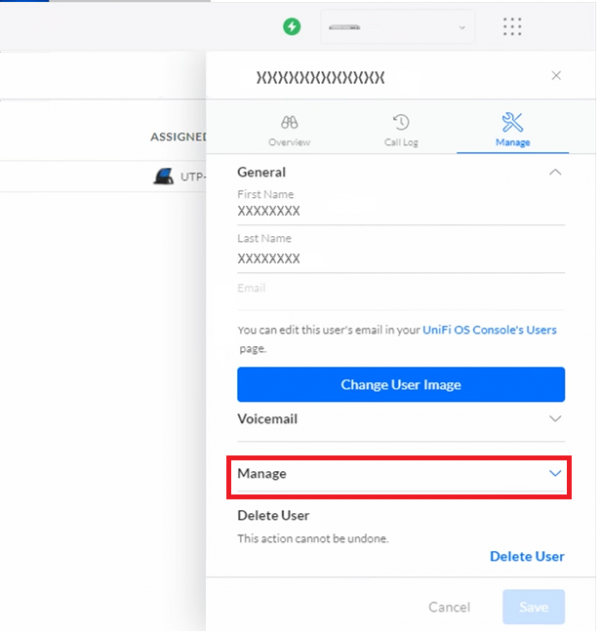 Manage dropdown on the user edit popup.