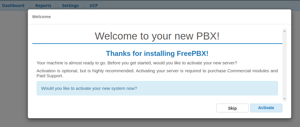 FreePBX Administration dashboard.