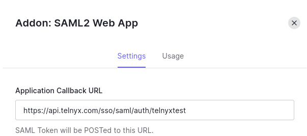 Application Callback URL page.
