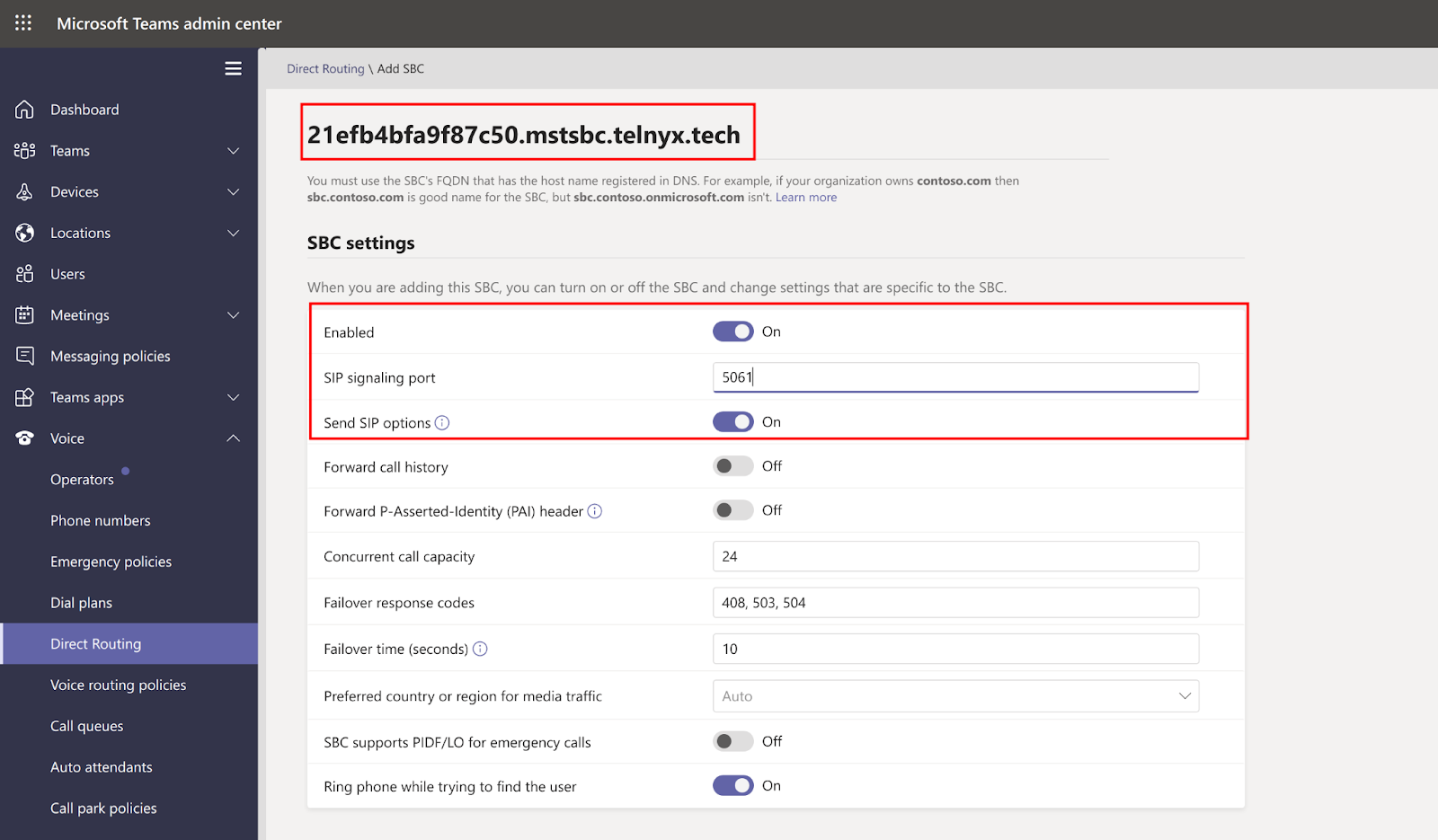 Direct Routing and SBC settings.