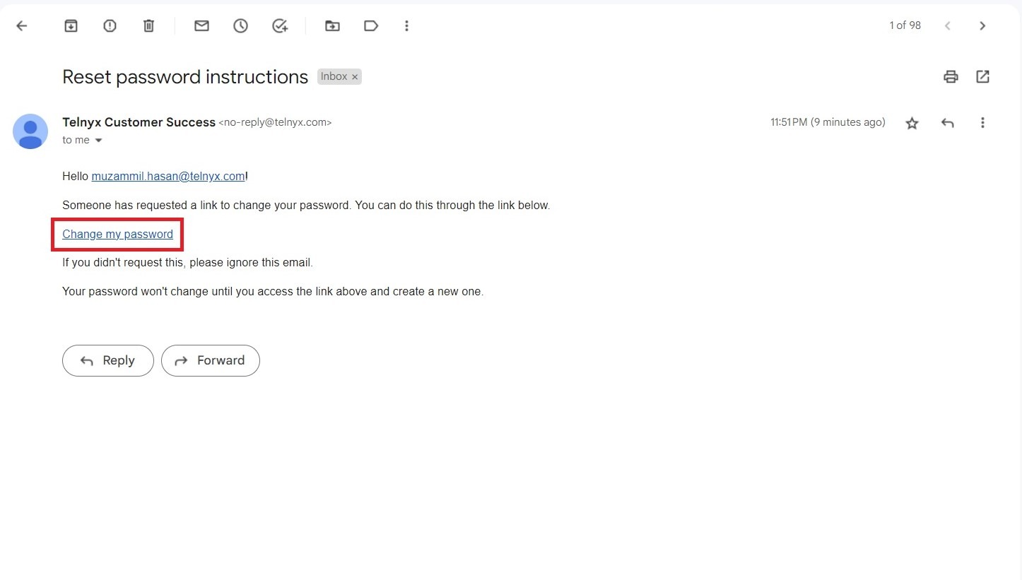 Tenyx reset password instructions email inbox page