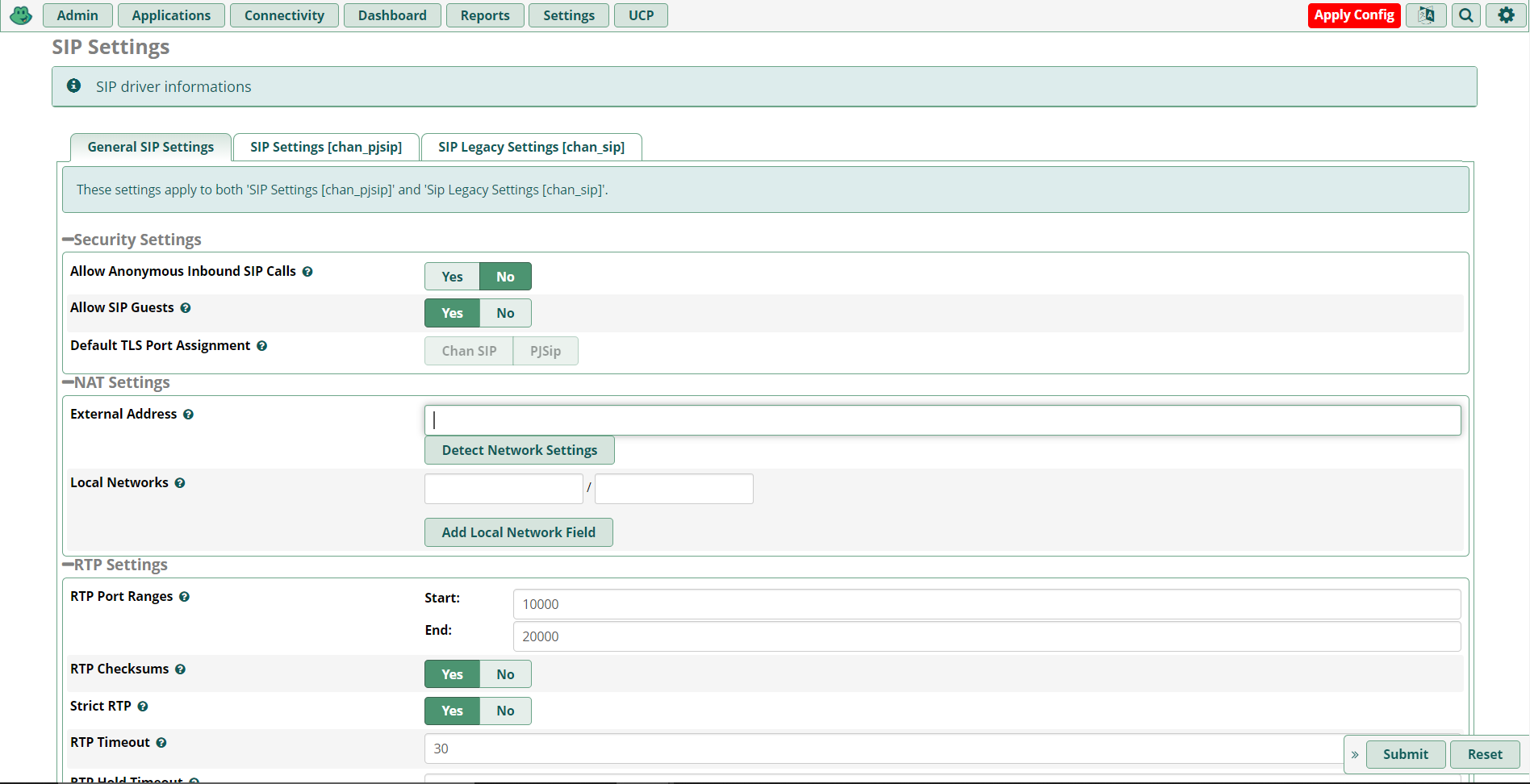 Asterisk SIP settings.