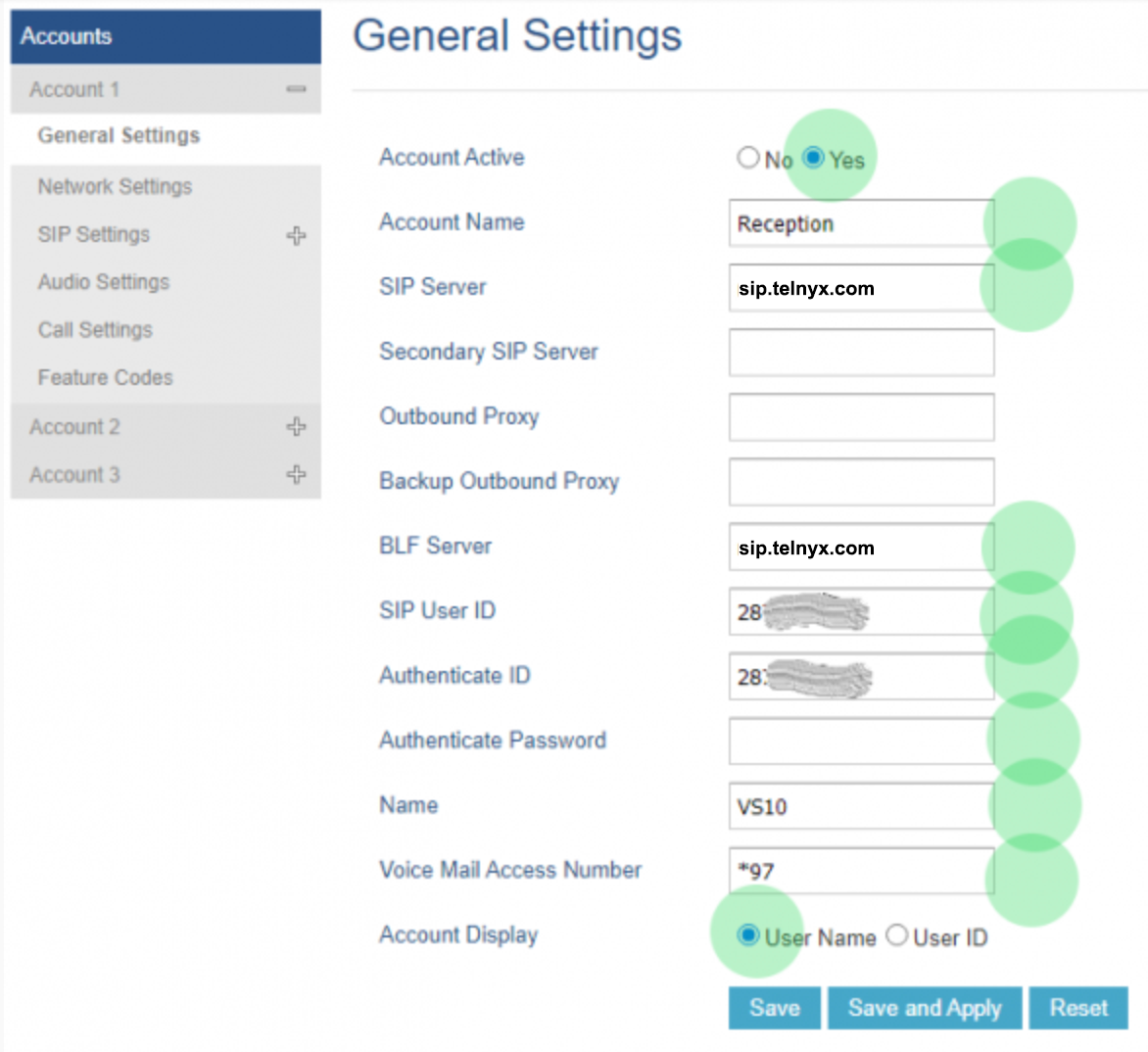 General settings in the accounts section.