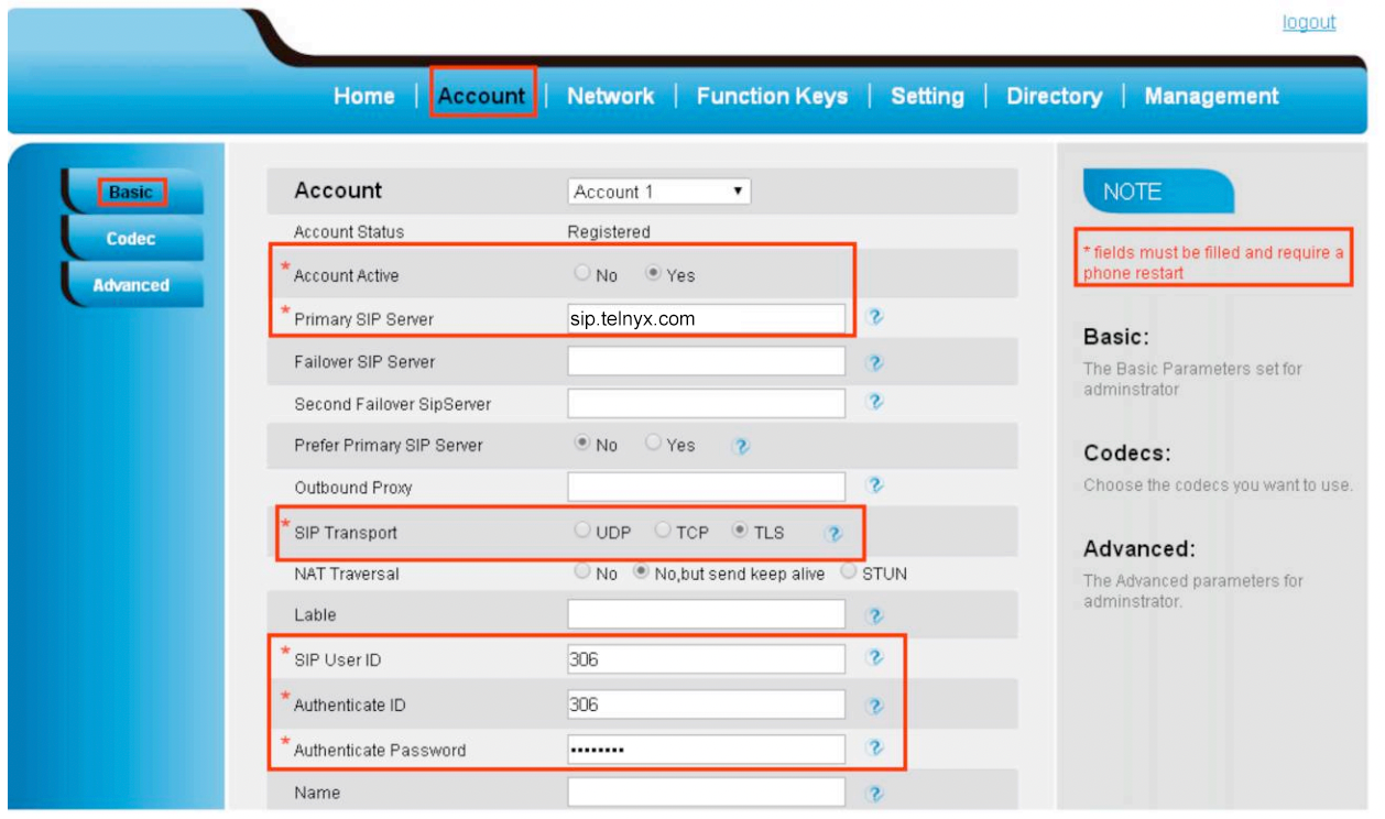 Account section of the web portal.