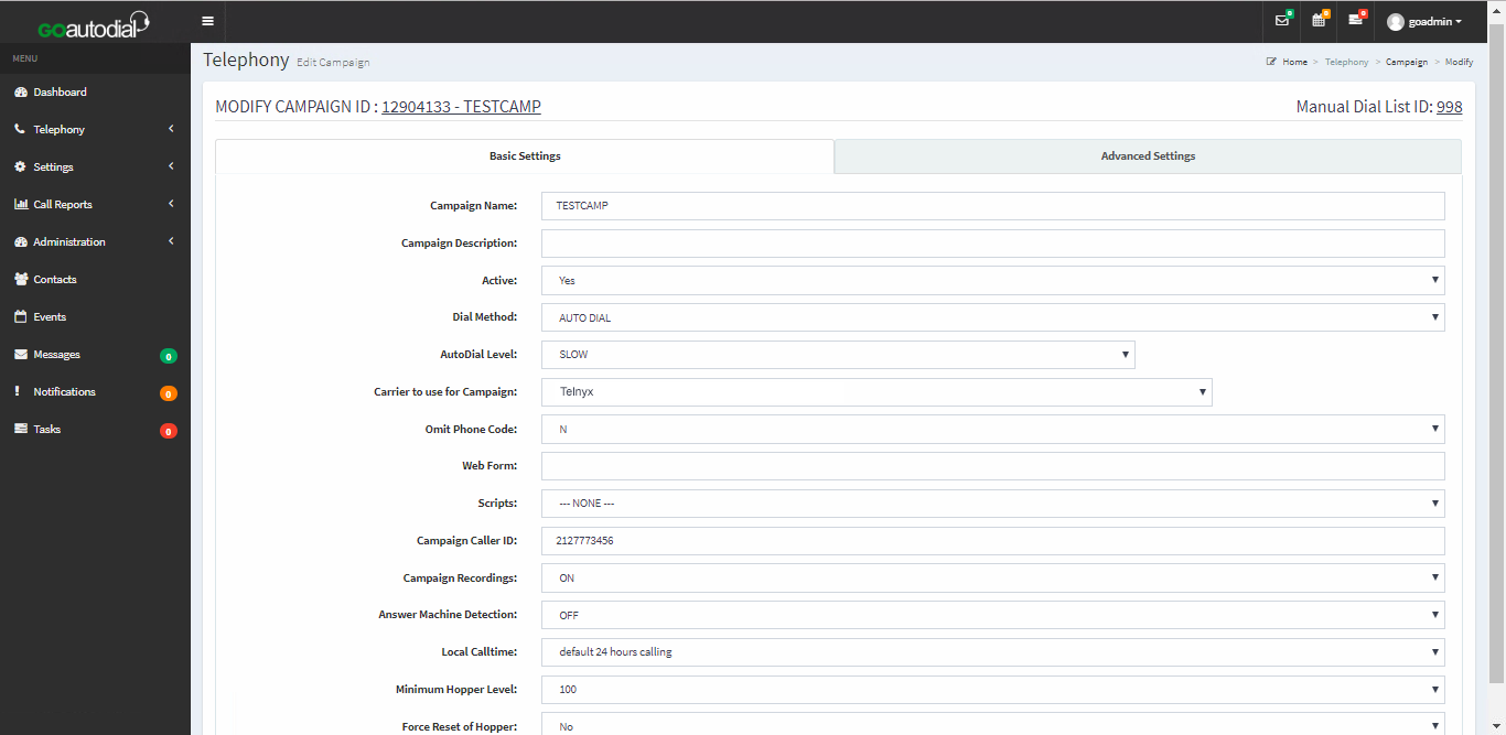 An administrator portal to set up an outbound campaign 3.