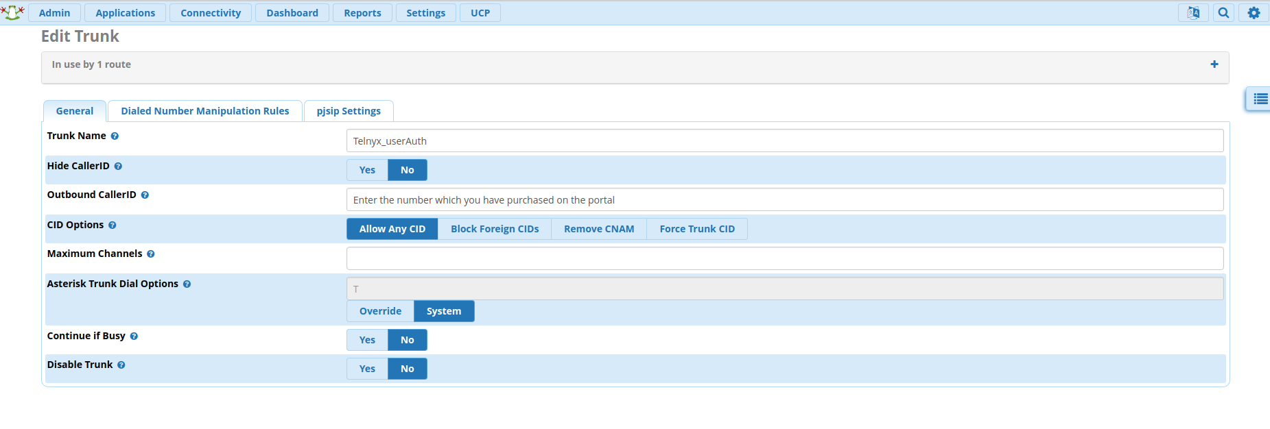 FreePBX settings section for general settings.