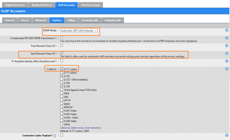 Options tab of the ScopTEL portal