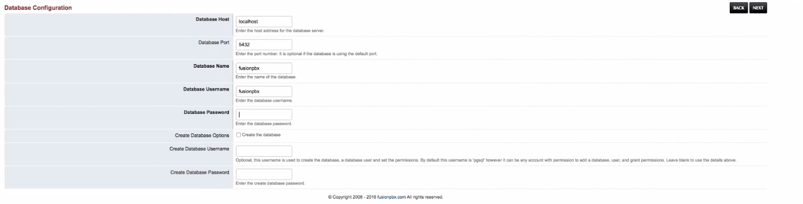 Database configuration tab.